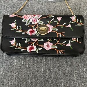 Floral Embroidered Black Clutch